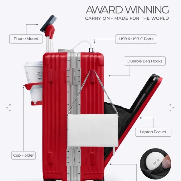 Red Carry-On Spinner Suitcase with Front Pocket - Picture 2 of 6